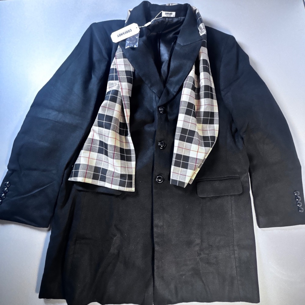 COOFANDY Mens XL Black Overcoat NWT Detachable Plaid Scarf Long Dress Coat